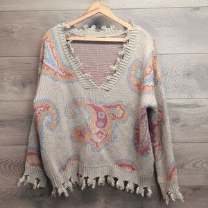 Storia Fringe Pullover V-Neck Knit Sweater Women's Size Medium